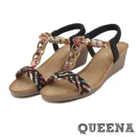 在飛比找momo購物網優惠-【QUEENA】坡跟涼鞋 T字涼鞋/波西米亞民族風編織串珠T