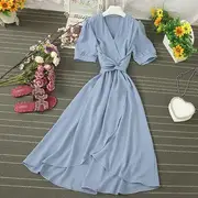 Short-Puff-Sleeve V-Neck Tie-Waist Midi Wrap Dress Light Blue - One Size