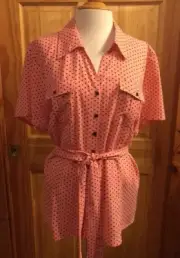Women's 3X ss blouse pink & black Polka Dot button front tie plus NEW top Shirt