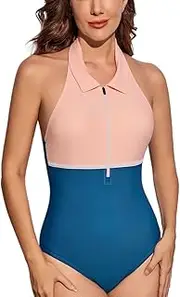 [NEOFEN] Women One Piece Swimsuit Zipper Front Backless Swimwear Low Back Swimming Costume