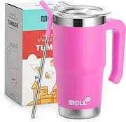 Mollcity Kids Tumbler-16 oz Stainless Steel Double Wall Vacuum Insulated Tumbler Cup with Lid and Straw Travel Coffee Mug with Handle(Hot Pink)