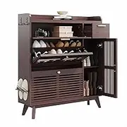 IRONCK Shoe Cabinet, Mid Century Shoe Storage with 2 Flip Drawers & Grille Doors Design, Shoe Rack Cabinet with Hooks and Side Cabinet, Shoe Organizer for Entryway, Natural Red Walnut