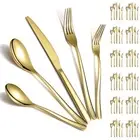 Gold Silverware Set 60pcs Service for 12, Golden Titanium Plating Stainless S...