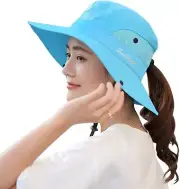 Womens Summer Mesh Wide Brim Sun UV Protection Hat One Size, Pure Sky Blue