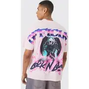 Mens Pink Oversized Extended Neck Over The Seam Wash Space Back Print T-shirt