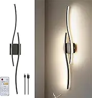 LED Wall Lamp USB Rechargeable with Remote Control Wall Sconce Indoor Dimmable Wireless Magnetic Wall Light Battery Operated with Timer Function Wall Lighting Wave Design for Bedroom (Black,2 Packs)