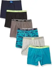 [Calvin Klein] Boys Underwear Cotton Boxer Briefs, 6 Pack, Castlerock Grey/Moon Blue/Black Iris/Camo/Heather Grey/Black