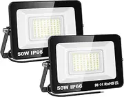 SKYWORLD LED Outdoor Spotlight, 2 Pieces, 50 W, 5000 LM LED Floodlight, LED Outdoor Spotlight, 6000 K Cool White Waterproof Outdoor Light, Spotlight Floodlight, Outdoor Lamp for Garden, Backyard, Garage, Hotel