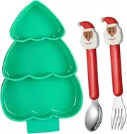 Minkissy Christmas Tree Theme Boys and Girls Tableware Set Divided Plate Fork Spoon Candy Dish Plastic Party Accessory