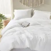 White Boho Queen Comforter Set for Teen Girls, Aesthetic Luxurious Pom Fringe
