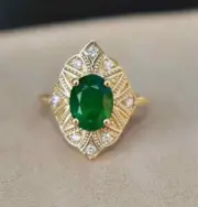 24K Gold Plated Sterling Silver Natural Oval Cut Emerald Engagement Ring for Her