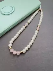 Pink Rose Quartz Crystal Faux Pearl Beaded Phone Wrist Strap, Gold, Gift Idea