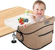 Jozzve Hook On High Chair, Clip on High Chair with Removable Dining Tray for Babies and Toddlers, Fold-Flat Storage Portable Baby Feeding Seat, Attach to Fast Table Chair for Home Travel (Brown)