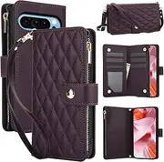 for Google Pixel 8 Pro 5G Case,for Pixel 8 Pro Flip Case,6 Card Holders +1 Cash Slot Wallet Cover Magnetic Folio Closure Purse with Wristlet Crossbody Lanyard-Dark Purple