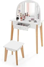 HONEY JOY 2-in-1 Kids' Vanity Set, Kids Wooden Vanity Table & Stool with Tri-Folding Mirror, Single Drawer, Anti-Falling Device, Table and Chair Vanity Set for Toddlers Aged 3-7 Years Old (White)