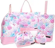 [COLORFUL CANDY STYLE] N8143200 5-Piece Quilted Set for Kindergarten/School Admission, (Lesson Bag Q, Shoe Case Q, Gym Bag, Lunch Bag, Cup Bag), Fluffy and Cute Candy Pop