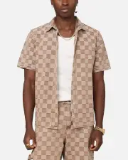 [XXIII] Xxiii Checker Board Button Up Shirt Tan - Size L L Tan
