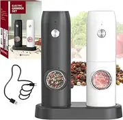 CIRCLE JOY Electric Salt and Pepper Grinder Set Rechargeable Pepper Mills with Dual Charging Base, White LED Light, Adjustable Coarseness and One Hand Automatic Operation, Black White
