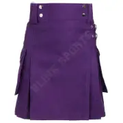 Men's Traditional Scottish Purple Cotton Utility Kilt Handmade Cargo Pocket Kilt