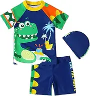 [LUVCES] Toddler Baby Boy 3-Piece Swimsuit Set Boys Swimwear Dinosaur/Shark Swimsuit Rash Guard Sets with Hat