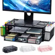 2-Tier Monitor Stand for Desk, Metal Computer Monitor Riser with Drawer and 2...