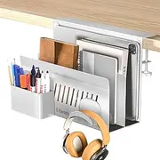 Side Storage Organizer, 2 Tier Under Desk Laptop Holder Clamp on Shelf, No Drill Mount With Magnetic Pen Holder, Hanging Organizer Fits Flat Edge 0.4" to 2.1" (White)