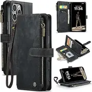 ELEPIK iPhone 16 Pro Max Case, Wallet Case with Card Holder, Kickstand, Wristlet, PU Leather, Black