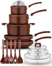 NutriChef Kitchenware Cookware, Non-Stick Pans and Pots with Foldable Knob, Space Saving, Stackable, Nylon -Tools, Induction Base, Blue (17-Piece Set), One Size