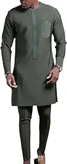 [SJFYB] Mens African 2 Piece Set Long Sleeve Dashiki Shirt and Pants Traditional Suit Ethnic Outfit Fashion Tracksuit(Size:Medium)