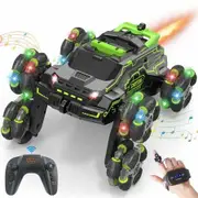 Remote Control car,RC Stunt Car Toy For Kids with 4WD 2 Stunt Swingable Tires,Spray Funtion Double Sided 360 Rotating Two Way Control Color Green