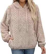 [Ausing] Women Fleece Hoodie Long Sleeve Hoodies Winter Solid Color Fuzzy Hooded Pullover Thermal Jacquard Hooded Pullovers Cute Drawstring Jumper Casual Warm Jumpers with Pocket S-XXL