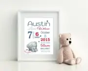 Baby Wall Art, Birth Detail Prints, Announcement, Nursery, Gift - Boy Bear
