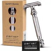 Parker 99R Chrome Long Handle Heavyweight Butterfly Open Double Edge Safety Razor for Men, 5 Parker Premium Platinum Double Edge Razor Blades Included