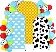 Foilswirl 34 Pieces Cartoon Story Birthday Decorations 4ft 5ft 6ft Spandex Arch Backdrop Cover Cow Print Sky Blue Cloud Balloons Inspired Story Birthday Party Farm Themed Party Decor