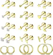 [Sanfenly] Hypoallergenic Surgical Steel Earrings for Sensitive Ears 14K Gold Flat Back Stud Earrings for Women Men Small Stainless Steel Stud Hoop Screw Back Cartilage Earring Set for Multiple Piercing
