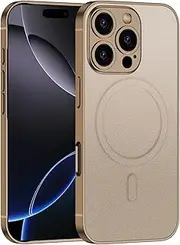 FFENDOUNIU for iPhone 16 Pro Max Leather, Case with Full Body Military-Grade Protective for iPhone 16 Pro Max Leather Case Compatible with MagSafe, Slim Classic Business Elegant (Gold)