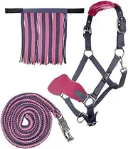 HKM 10734 Halter Set, Halter Fly Fringe Knitted 180 cm Panic Hook, Grey/Pink, Crossbred