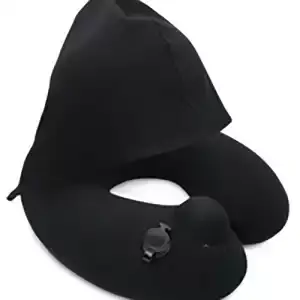 瑞士Travelmall專利3D按壓式三用充氣連帽頸枕(黑/灰)