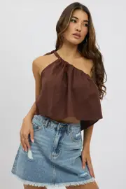 Brown One Shoulder Top Linen Blend - Size 6, Women's Cami