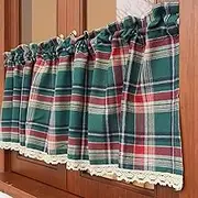 Buffalo Check Rod Pocket Valances for Home Decor - Bohemian Style Short Curtains, Green Red Tartan Lace Trimmed Window Treatment for Kitchen, Bathroom, Living Room (Green,39"W x 18"L (Pack of 1))