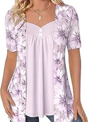 [Generic] Women's Irregular Floral Patchwork Top Fake Two Piece Loose Pleated Layered Plus Size Blouse Shirt Hide Belly Tunic Tops