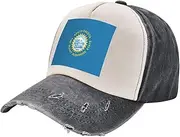 [YANYU] South Dakota Flag Print Fashion Washed Distressed Baseball Cap Vintage Adjustable Hat with Classic Brim, Black and White, One Size