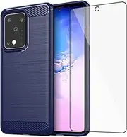 [Asuwish] Phone Case for Samsung Galaxy S20 Ultra Glaxay S20ultra 5G with Screen Protector Cover and Slim Soft TPU Cell Accessories Protective Gaxaly 20S S 20 A20 20ultra G5 Women Men Carbon Fiber Blue