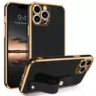 For iPhone 14 13 12 11 Pro Max Shockproof Slim Plating Case Cover + Stand Strap