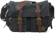[Generic] Canvas Messenger Bag, Vintage Genuine Leather Shoulder Bag, Large Crossbody Satchel Purse Laptop Bag Charcoal Black