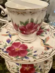 grace teaware demi cup and saucer Pink Flowers & Hummingbird Gold Edging Set 2