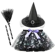 [Generic] Halloween Tutu Girls, Halloween Tutu Hat Broom, Halloween Girls Tutu Skirts Pumpkin Tulle Dress With Witch Headband for Kids