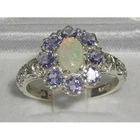 Solid 9k White Gold Natural Opal & Tanzanite Womens Cluster Ring - Sizes 4 to 12