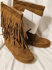 Rampage Girls Brown Moccasin Boots With Fringe Size 1