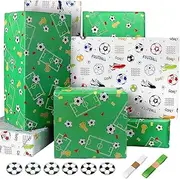 Wrapping Paper Football Wrapping Paper Boys Men Birthday Wrapping Paper Sheets with Sport Soccer Green White Mixed Design,Birthday Gift Wrap Set for Present Birthday Paper Wrap,Ribbion Tags(6 Sheets)